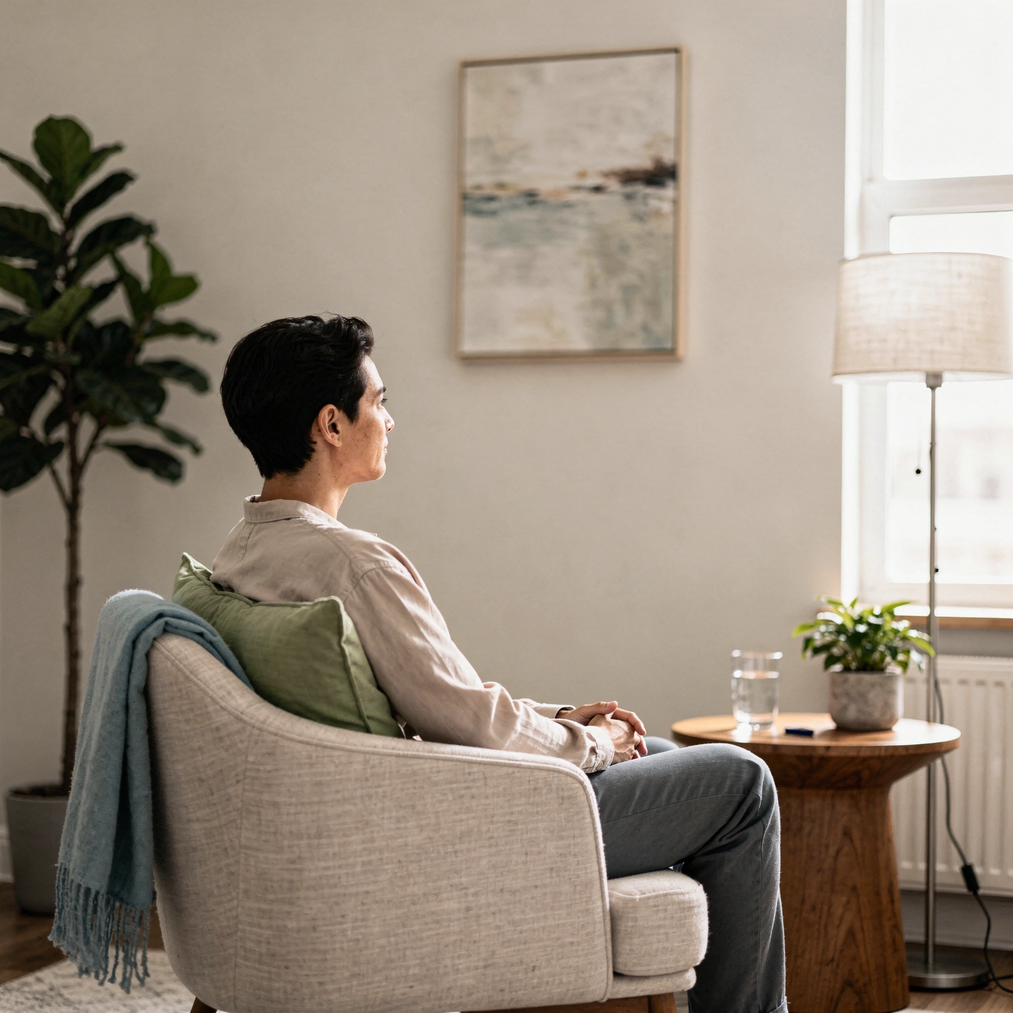 Person seated in an armchair with a blanket – psychiatrist in Bensalem, PA
